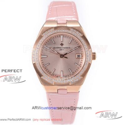 Perfect Replica Swiss Grade Vacheron Constantin Overseas Diamond Bezel Salmon Dial 36mm Women's Watch 